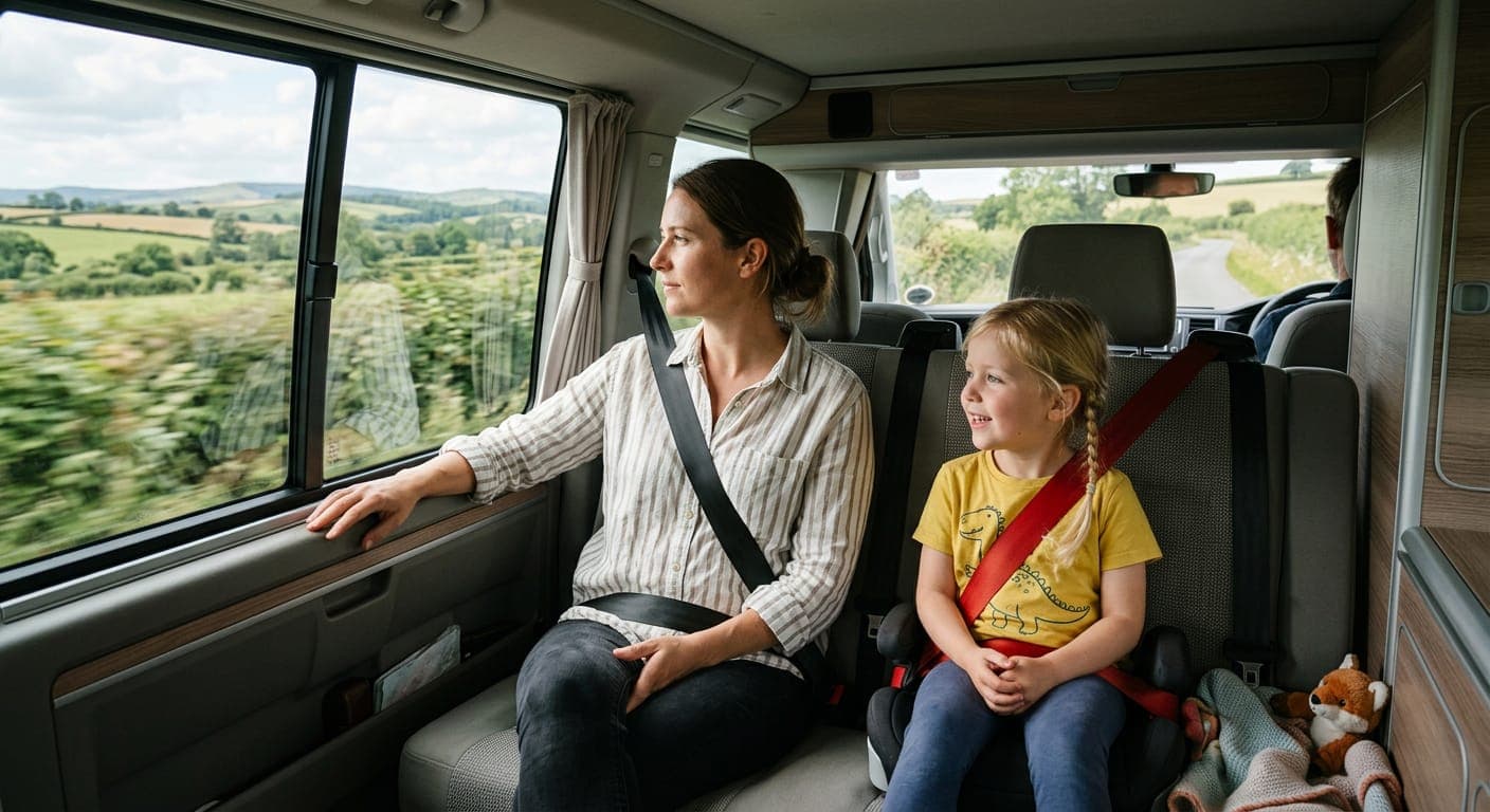Passengers belted into campervan rear seats