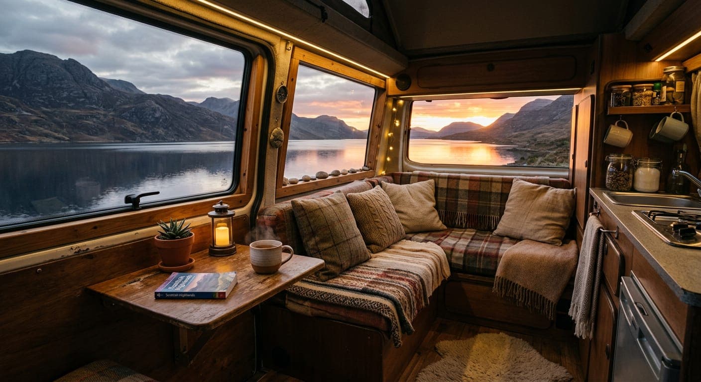 Inside a campervan at sunset, with a bench seat and table looking out over a loch
