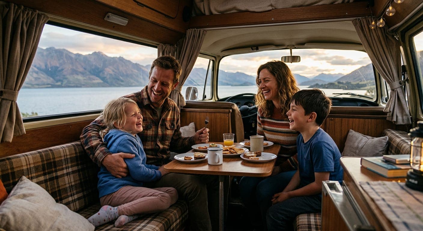 A family sitting together around the table inside a campervan
