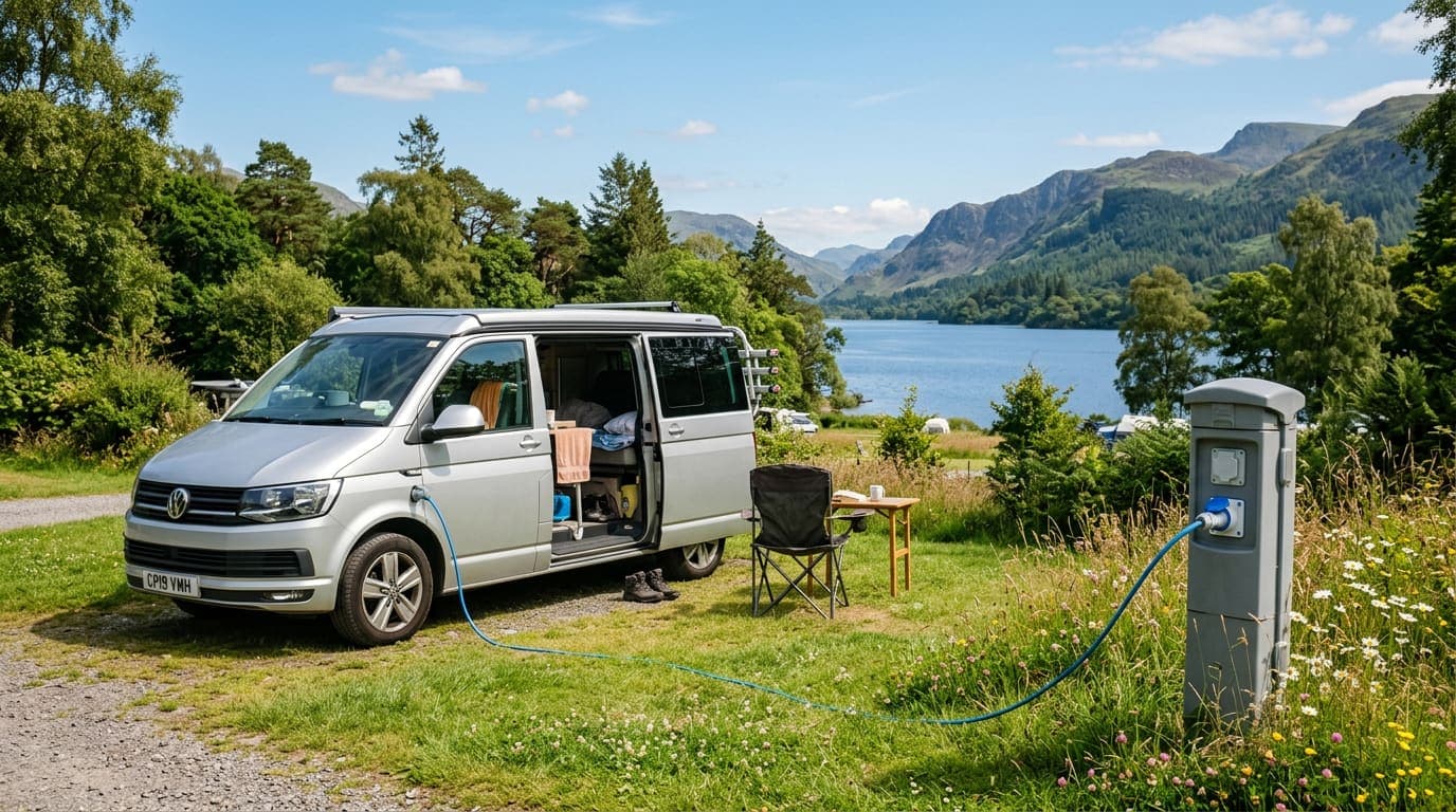 A campervan on a campsite pitch plugged into an electric hook-up bollard