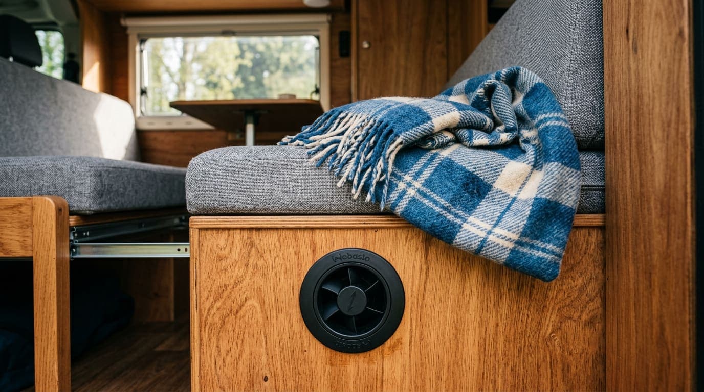 A heater vent in a campervan seat base beneath a bench with a wool blanket