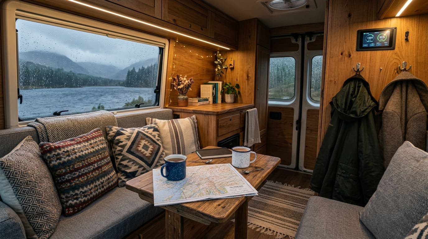 A cosy campervan interior on a rainy day with mugs on the table and misty mountains outside