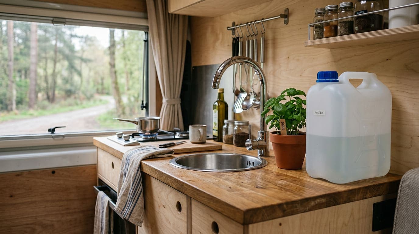 A campervan sink and tap on a wooden worktop next to a fresh water container