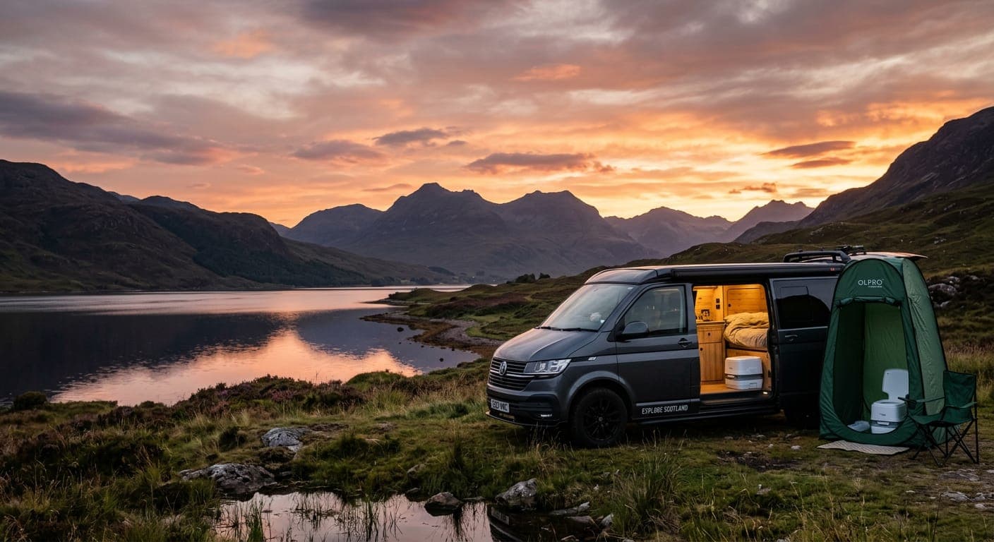 A dark grey campervan with its side door open showing a portable toilet inside, parked beside a green toilet tent next to a loch at sunset