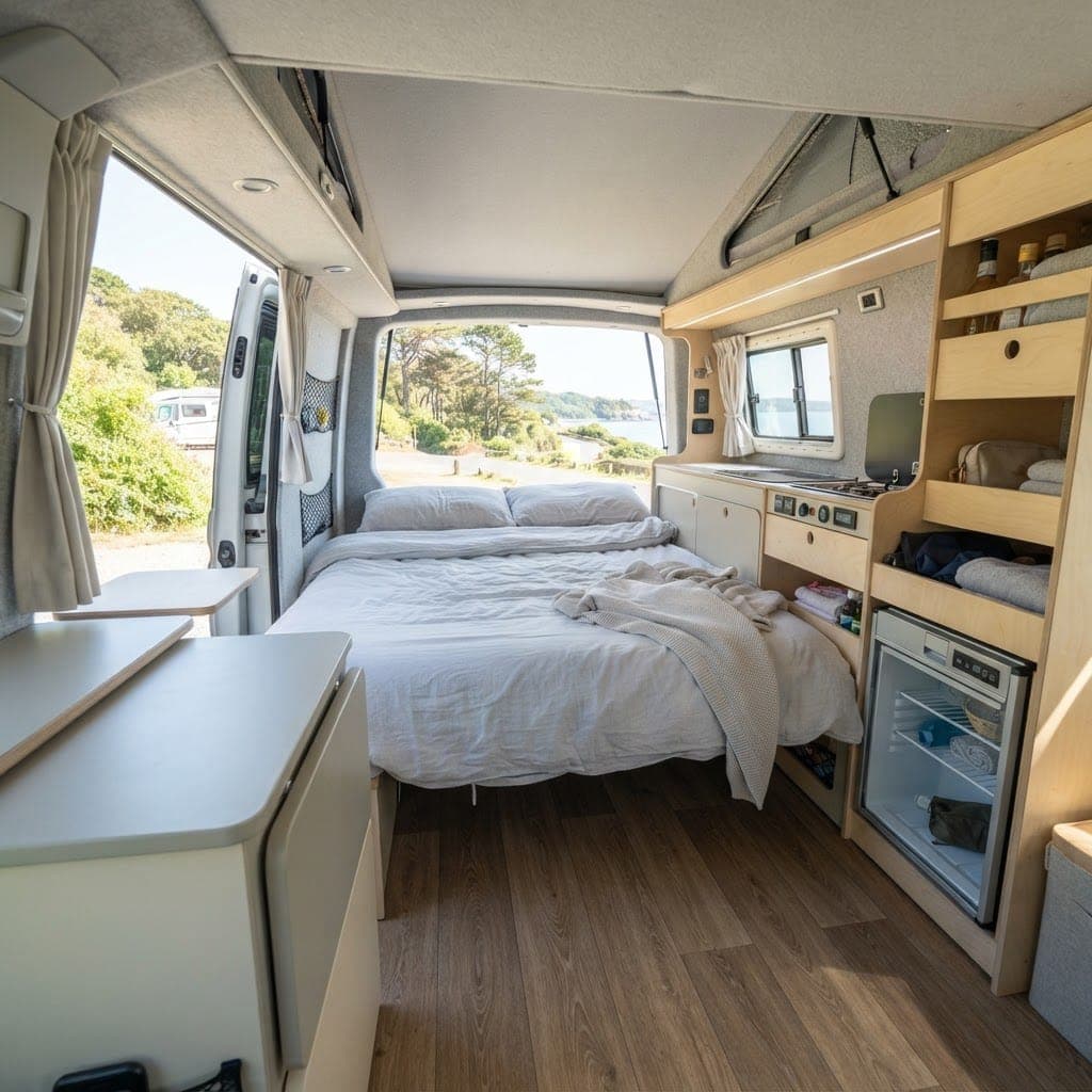 Campervan interior in night mode with the bed folded down and made up