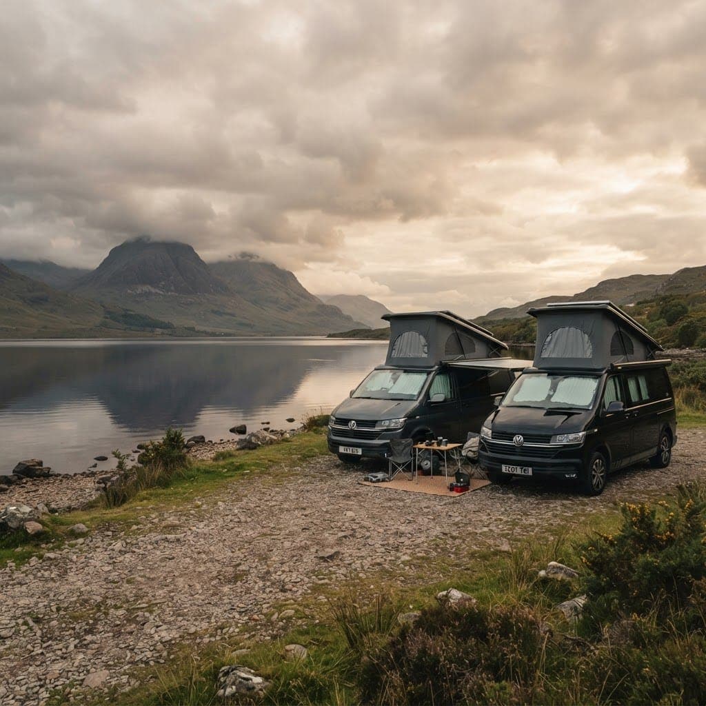 Two dark VW Transporter T6.1 campervans with pop-top roofs raised, parked side by side beside a Scottish loch at dusk