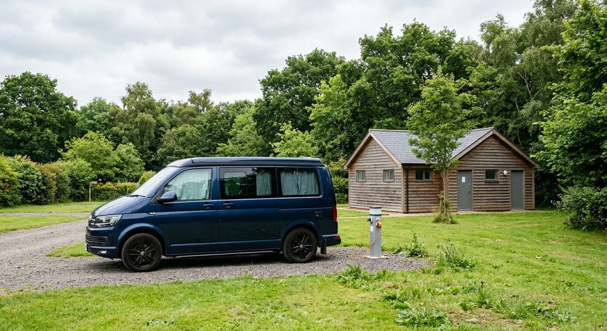 A blue campervan on a campsite pitch next to an electric hook-up post, with a shower block behind