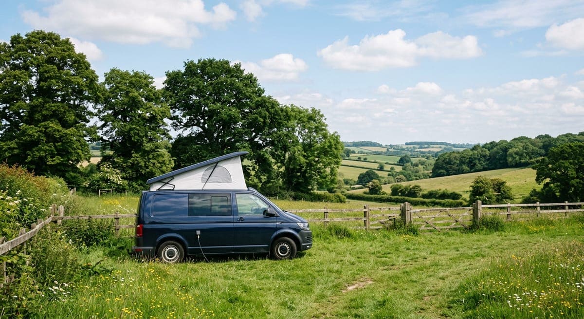 A single pop-top campervan parked in a quiet grassy field beside a wooden fence