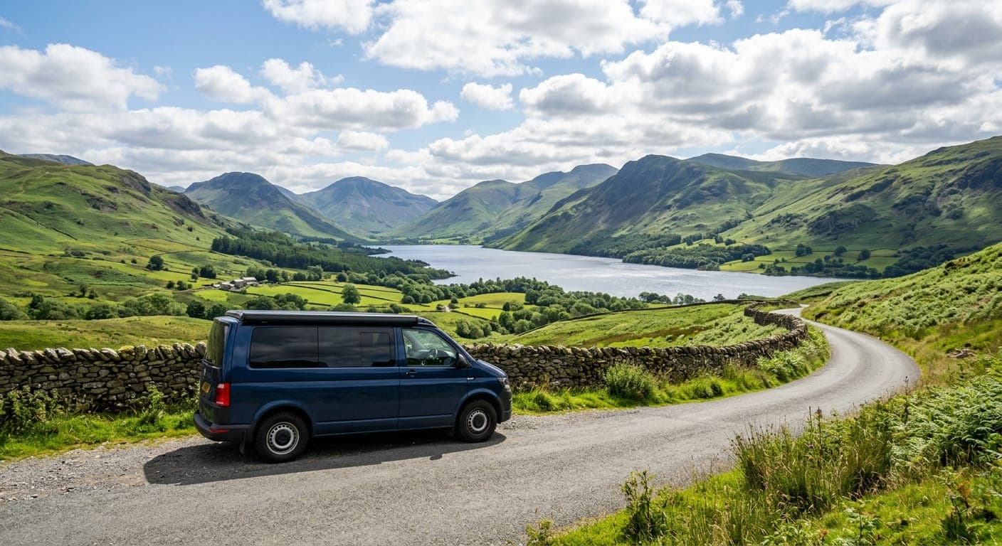 A dark blue campervan parked on a country road above a lake and green valley