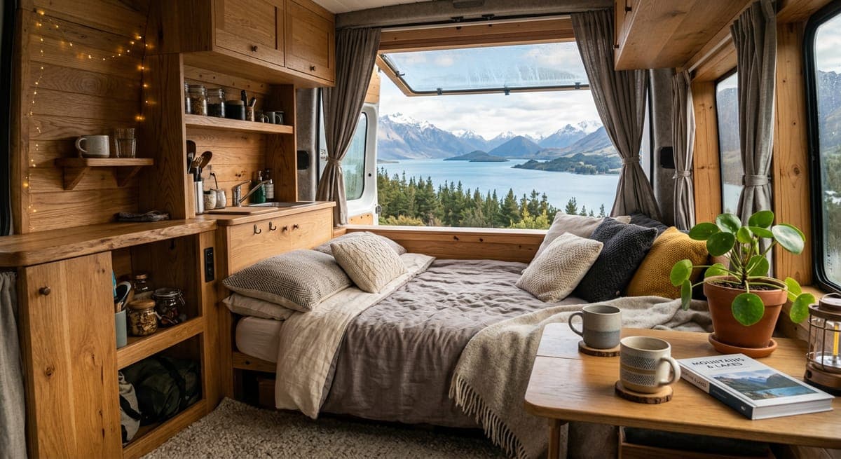 A cosy campervan interior with a made-up bed, small table and a window onto a lake