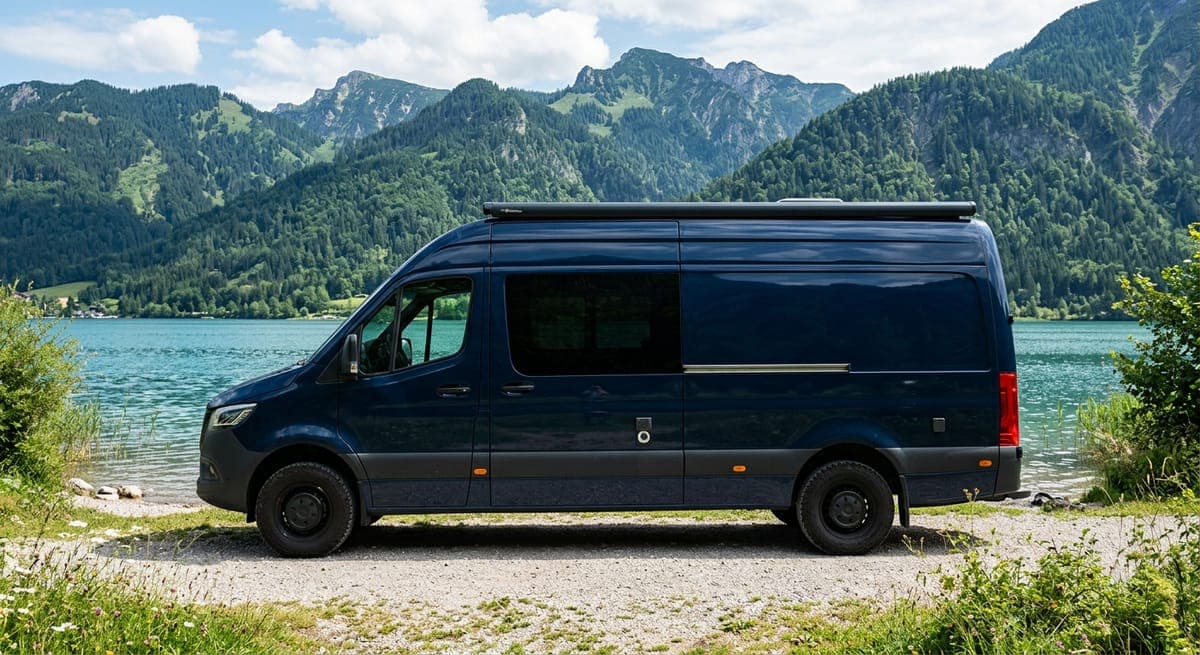 A long, high-roof blue panel van conversion parked beside a lake