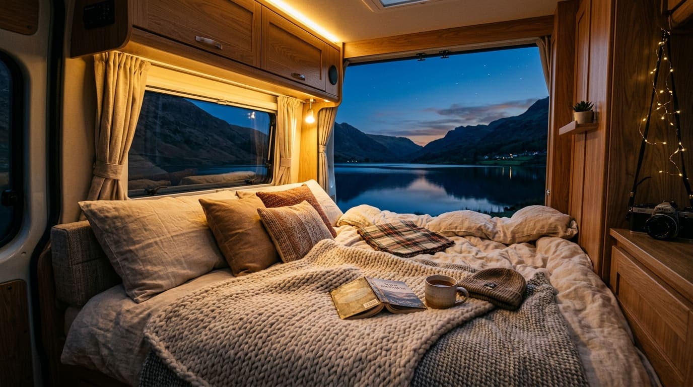 The same campervan with the seating made into a cosy bed under warm evening lights