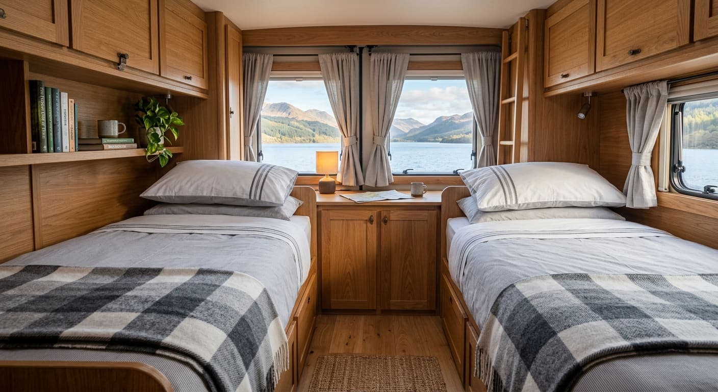 Two single beds running along each side of a campervan with an aisle between them