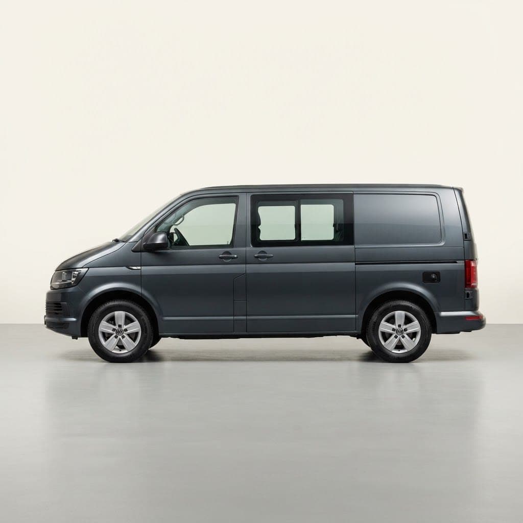 Side profile of a dark grey VW Transporter campervan with a standard low flat roof