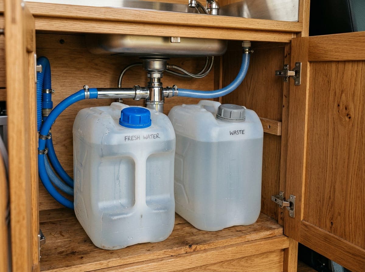Two removable water containers stored under a campervan sink unit
