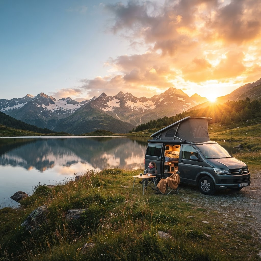 A pop-top campervan parked beside an alpine lake at sunset with mountains behind