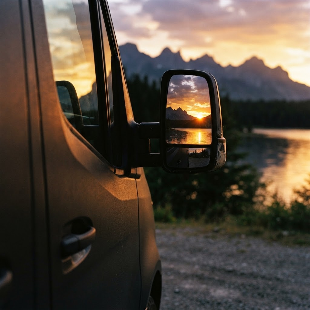 VW Transporter campervan at sunset by a lake