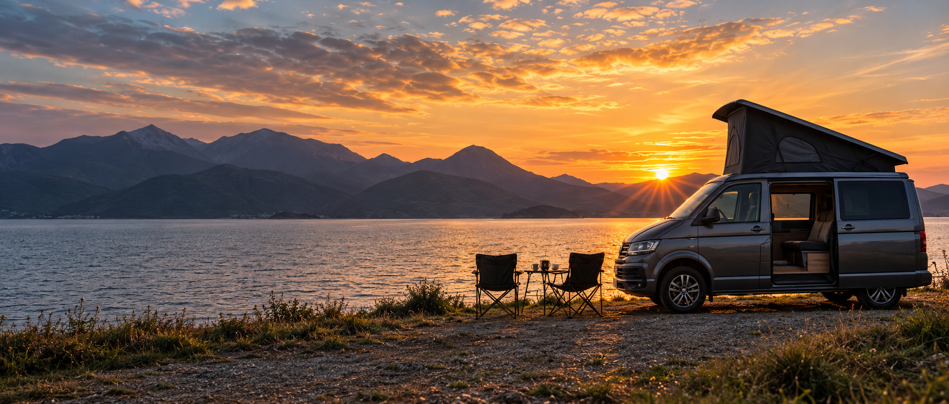 A pop-top campervan parked beside a lake at sunset with mountains behind