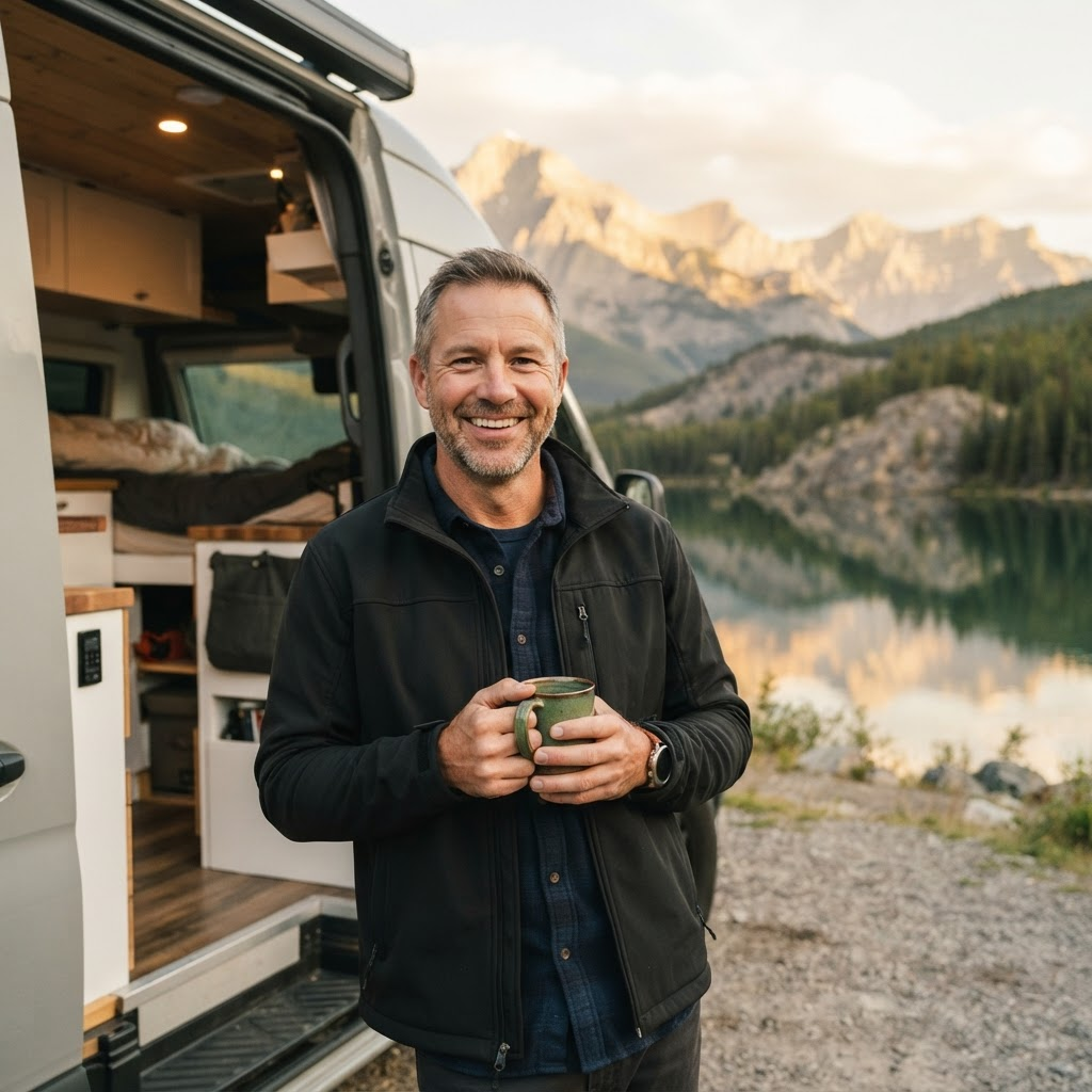 Jonathan holding a coffee mug, leaning in the doorway of his campervan beside a mountain lake at golden hour