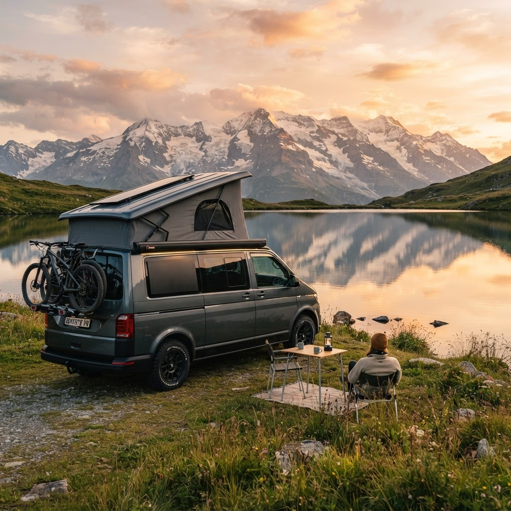 A dark grey VW Transporter T6.1 pop-top campervan parked beside a mountain lake at golden hour